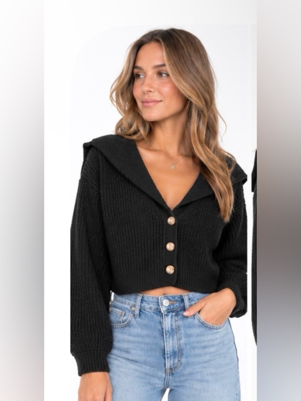 Love Tree Black Cropped Sailor Collar Cardigan Size S